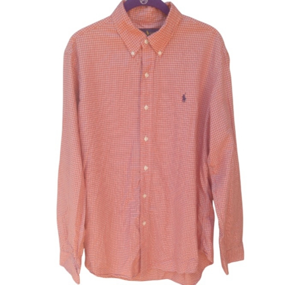 Ralph Lauren Men's Orange White Plaid Shirt Size Large Custom Fit